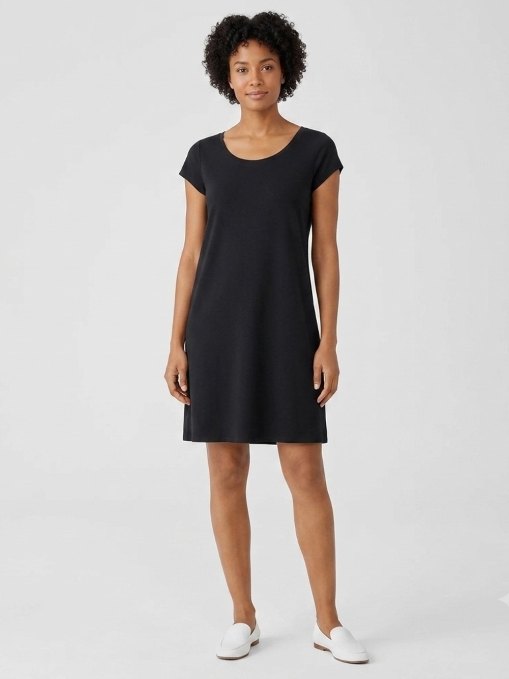 NWOT Eileen Fisher M Black Organic Cotton Stretch Jersey Cap Sleeve Shift Dress